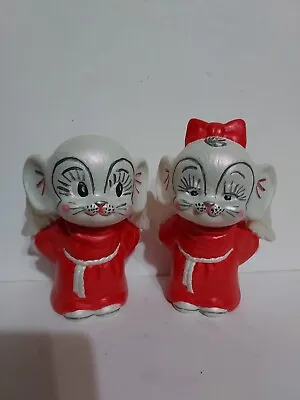 5  Christmas Angel Mice Mouse Kissing Pair Vintage 1970s Hand Painted Ceramic • $22