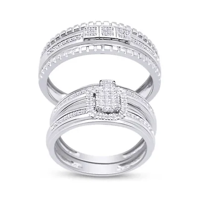 1/4 Cttw Real Diamond Micro Pave Engagement Ring Wedding Band Trio Set Silver • $486.58