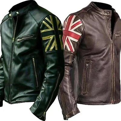 UK Flying Flag Union Jack Men Biker Vintage Motorcycle Cafe Racer Leather Jacket • £29.99