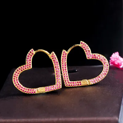 Romantic Love Heart 18k Gold Color Red CZ Hoop Earring Women Micro Paved Jewelry • $7.82