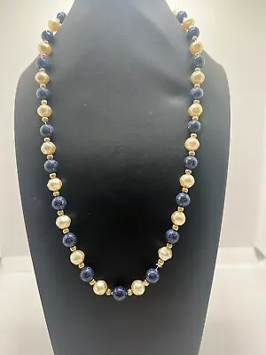Beautiful Vintage 14K GF Blue Stone And Faux Pearl Beaded Necklace  • $19.99