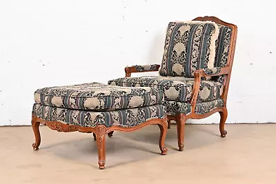 Thomasville French Provincial Louis XV Carved Walnut Fauteuil And Ottoman • $2295