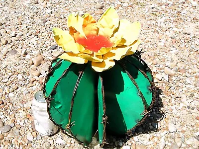 Metal Art Cactus Sculpture Junk Iron Garden Art With Yellow Flower • $97.99