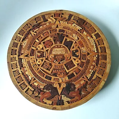 Aztec Sun Stone Mayan Calendar Mosaic Inlaid Wood 8.5” Wall Art • $41.39