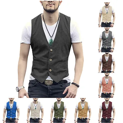 Mens Summer Cotton Linen Vest Lightweight Comfort Retro Waistcoat Large XL XXL • $32.98