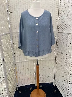 Made In Italy Blue Linen Short Button Drop Shoulder Blouse Free Size==== • £16.99