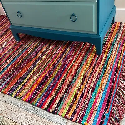 Rag Rug Festival Rugs Multicolour Rainbow Mat Cotton Hand Made Reversible Mats • £36