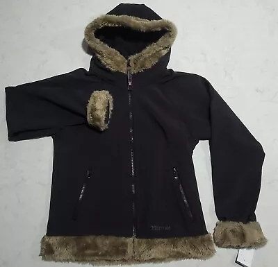 MARMOT Womens Furlong Jacket Soft Shell Faux Fur Hood Fleece Lined Black Small • $35.55