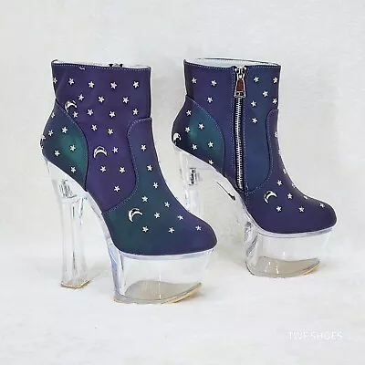 Ocho Purple Multi Reflective Ankle Boots Clear Platform & Chunky Heels Moon Star • $69.95