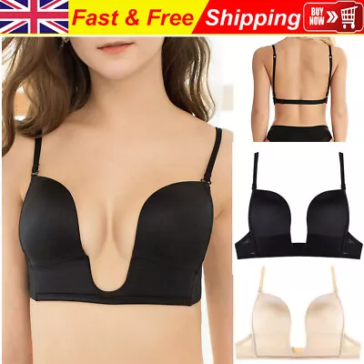 Deep U Shape Low Cut Plunge Bra Padded Push Up Multiway Sexy Bra Breathable Size • £12.76