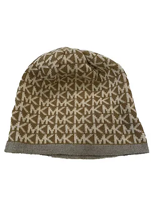 Michael Kors Soft Acrylic Signature MK Logo Beanie Hat Camel Brown/Cream EUC • $9.99