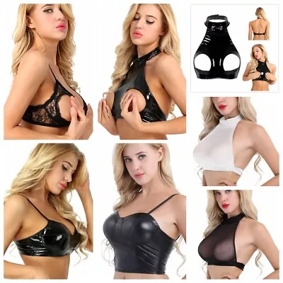 Sexy Women Wet Look Cupless Bra Wire-free Bralette Crop Top Lingerie Clubwear • £3.67