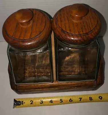 Vintage Set Of 2 Glass Hexagon Merchant Canisters With Wood Rack & Lids • $17.95