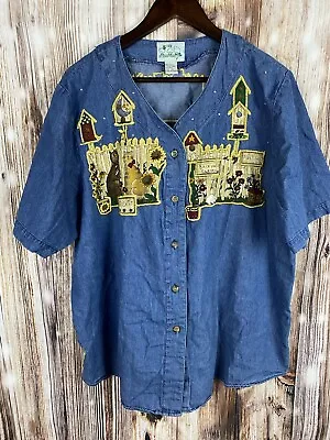 Quaker Factory Blue Denim Long Sleeve Shirt With Cats And Garden • $19