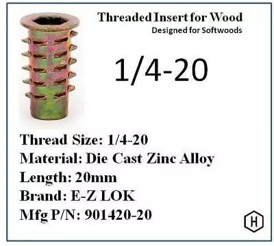 E-Z LOK 1/4-20 X 20mm Flanged Die Cast Hex-Drive Threaded Ins. For Wood (10 Pcs) • $10.99