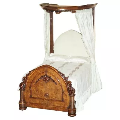 Antique Victorian Circa 1860 Hand Carved Burr Walnut Half Tester Canopy Bed • £3950