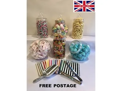 Large Plastic Sweet Jars X6 Scoop Tong 100 Bags Candy Buffet Wedding Party Xmas • £18.74