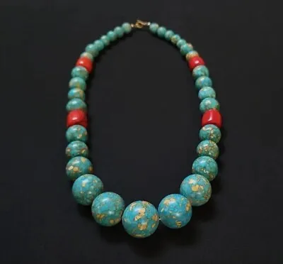 Vintage Mosaic Turquoise Mediterranean Coral Brass Drop Necklace • $50