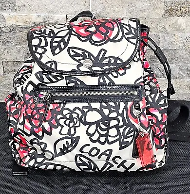 Y2K Coach Poppy Graffiti Backpack Floral Nylon White Pink Red Black B1194-F16582 • $94.99