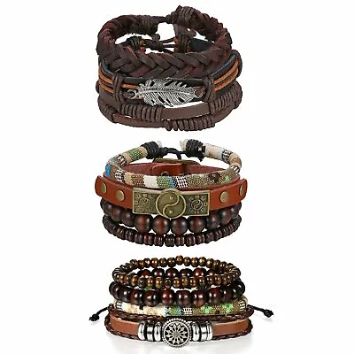 11PCS Multilayer Tribal Wooden Beaded Leather Cuff Bracelet Wristband Women Men • $13.29