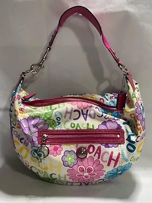 COACH Vintage Hobo White Cotton W/Multi-Colored Finger Painted Daisies #F 14883 • $44.99