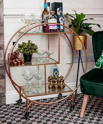 £89.99 • Buy Large Drinks Trolley Home Bar Cart Drink Display Art Deco Metallic Rose Gold