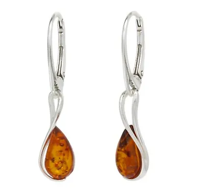 NATURAL BALTIC AMBER STERLING SILVER 925 Earrings Droop Dangle Certified & BOX • £22.99