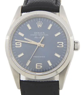 Mens Rolex Stainless Steel Air-King 14000 Watch Blue Arabic Dial Black Leather • £3716.05