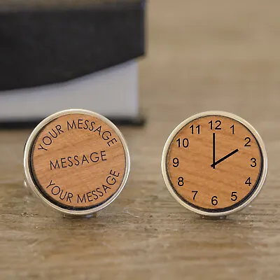 £17.99 • Buy Personalised Wooden Time & Message Round Cufflinks For Men Birthday Wedding