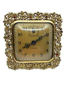 Vintage Aristocrat Ingraham Jeweled Alarm Clock Gold Ornate Rhinestones Square • $28.97