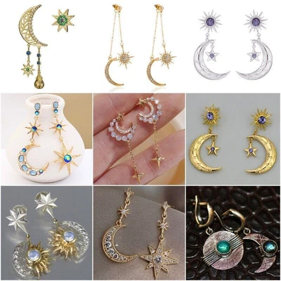 $2.85 • Buy Women 925 Silver Gold Sun Moon Star Crystal Earrings Cubic Zirconia Drop Jewelry