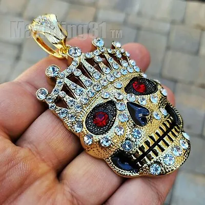 Iced Gold Plated Alloy Cubic Zirconia King Skull Pendant & Marina Chain Necklace • $17.99