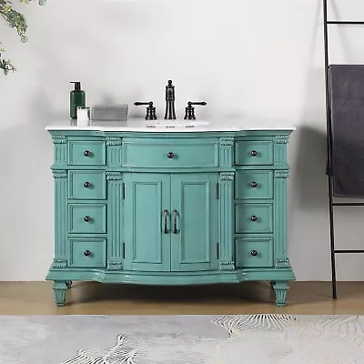 48  Single Sink Cabinet Carrara White Marble Countertop Green Bathroom Vanity • $1408