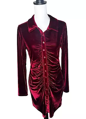 HOUSE OF HARLOW 1960 Medium Rushed Buttoned Front Burgundy Velvet Mini Dress • $39.99