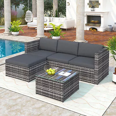 L-shaped Corner Sofa Glass Table Rattan Garden Furniture Patio Lounge Set Gray • £259.99