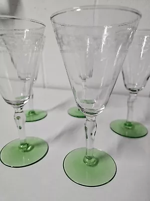 VTG Cambridge Etched Wine Goblets Clear With Green Foot Set Of 5 Perfect • $45