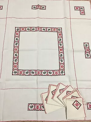 Vintage Traditional Nordic Tablecloth Set Embroidered Handmade & 6 Napkins 42x43 • $39.99