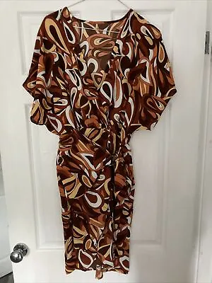 Ladies Brown & Orange Autumnal Patterned Wrap Style Dress Size 10 • £9.99