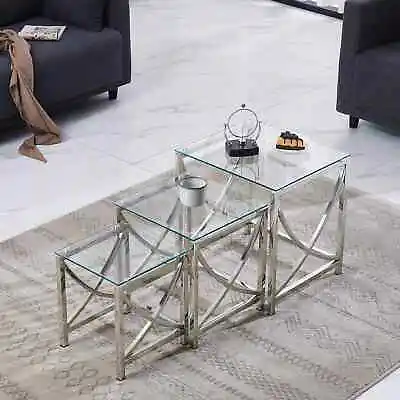 £169.99 • Buy Nest Of Tables Clear Glass Chrome Three Piece Lamp Side End Coffee Table Set
