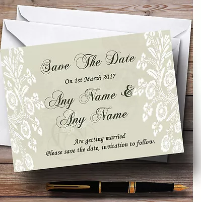 Vintage Lace Sage Green Chic Personalised Wedding Save The Date Cards • £9.99