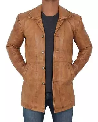 Men Genuine Lambskin Real Leather Short Trench Coat Classic Brown Jacket • $161.99