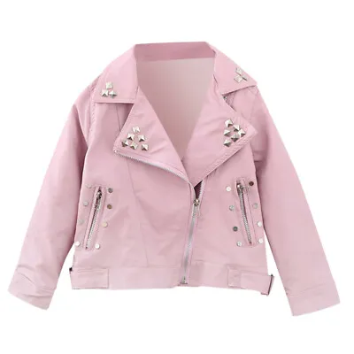 Toddler Girls Boys Pu Leather Coat Long Sleeve Studded Zip Outwear Baby Jacket • £16.97
