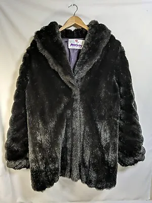 VINTAGE 1980s MONTEREY FASHIONS Black/Brown Faux Mink Fur Swing COAT Size Large  • $25