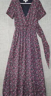 Miami Dress Women Extra Small Black Pink Floral Long Elastic Waist Tie V-Neck • $14.99