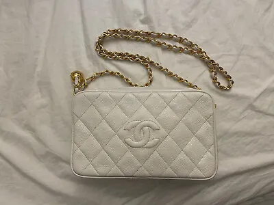 Chanel Vintage Authentic White Caviar Camera Bag 24k Gold • $3899