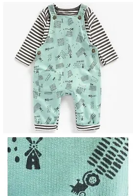 Baby Boys Dungarees Outfit Set Mothercare Cotton Warm Lined Mint Tractors NEW • £6.95