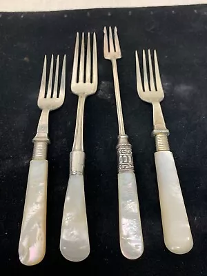 4 Piece Vintage Silverware Mother Of Pearl Handles Sterling Band Fork Lot • $14