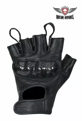 Motorcycle Fingerless Leather Gloves W/Padded Knuckle Protectors Deer Skin Black • $25.99