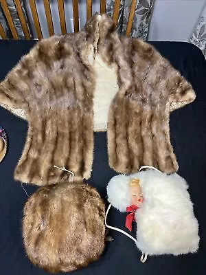 Vintage Lot Genuine  Fur Mink Stole & Muff / Rabbit Rubber Face Muff  READ • $44.99