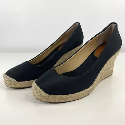 J. CREW Seville Espadrille Black Canvas Jute Wedge Slip On EUC Size 9 • $34.99